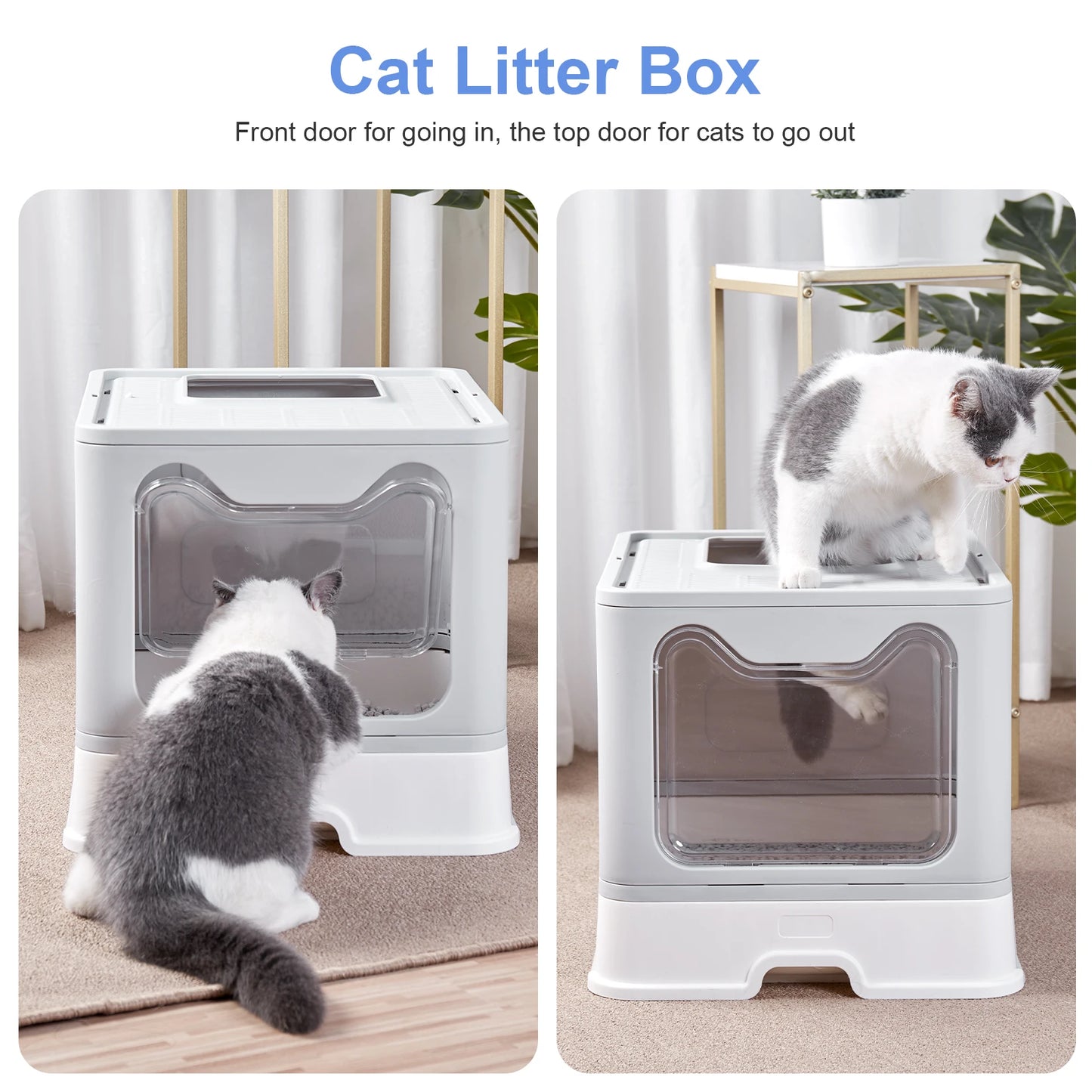 Caja de arena para gatos con entrada frontal y salida superior con tapa: diseño plegable y que ahorra espacio