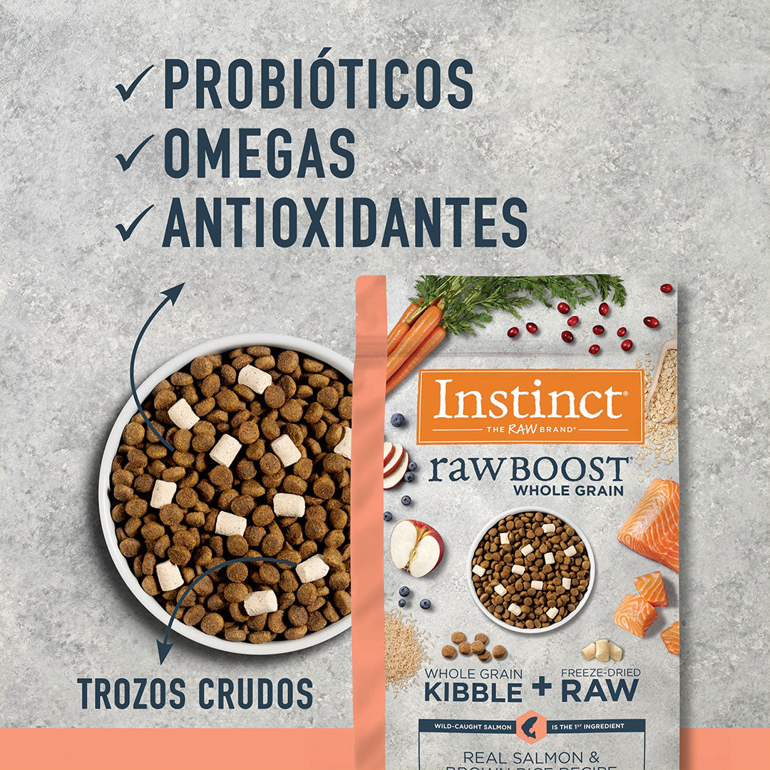 Alimento para perros Instinct Raw Boost: salmón auténtico, cereales y arroz integral, 9,07 kg