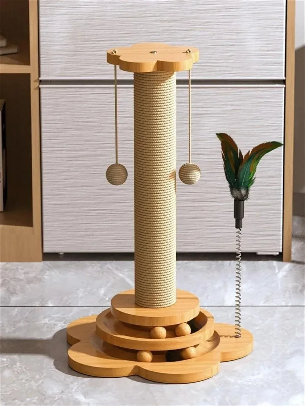 Juguete para gatos con soporte de madera maciza: tablero rascador de sisal duradero con bolas adhesivas