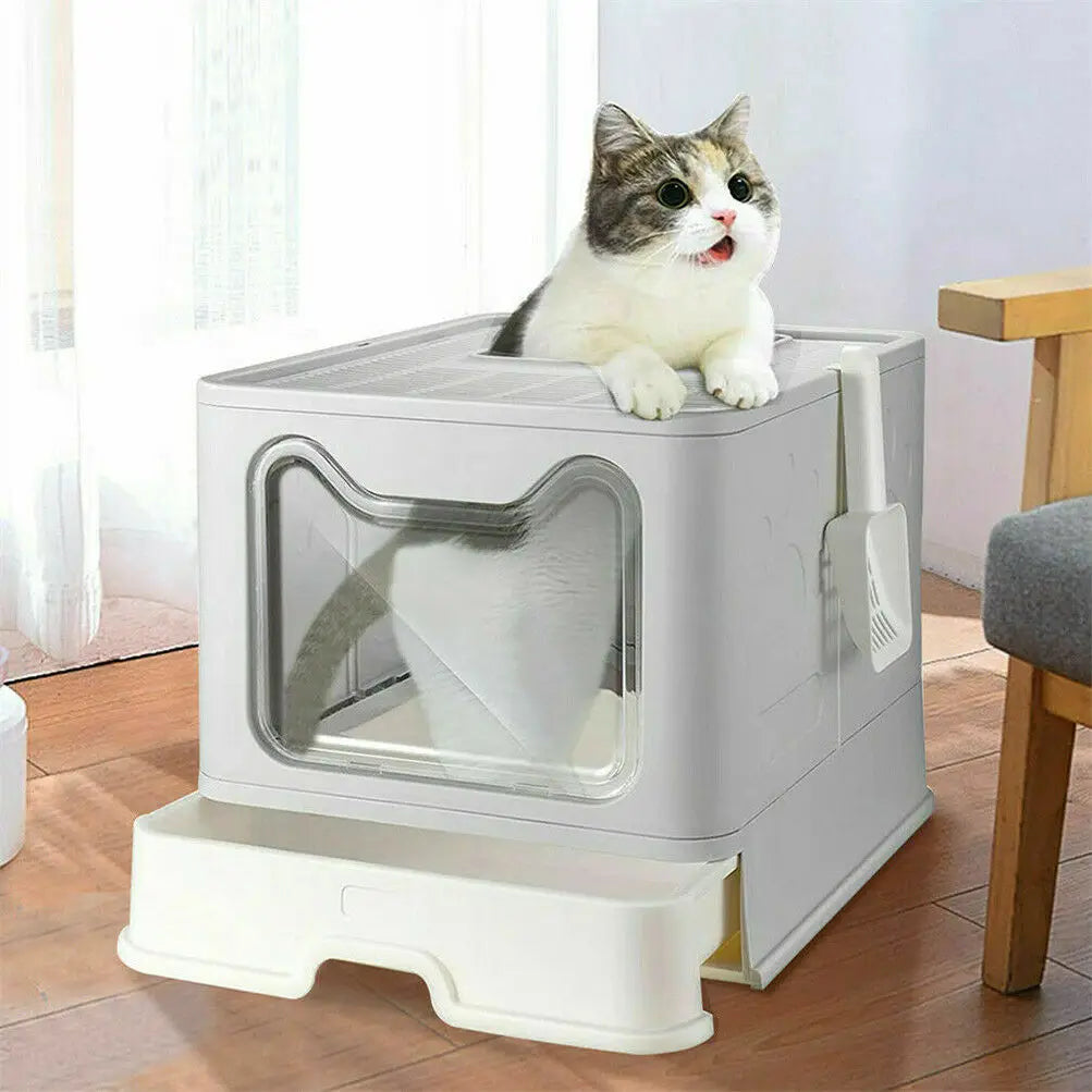 Caja de arena para gatos con entrada frontal y salida superior con tapa: diseño plegable y que ahorra espacio