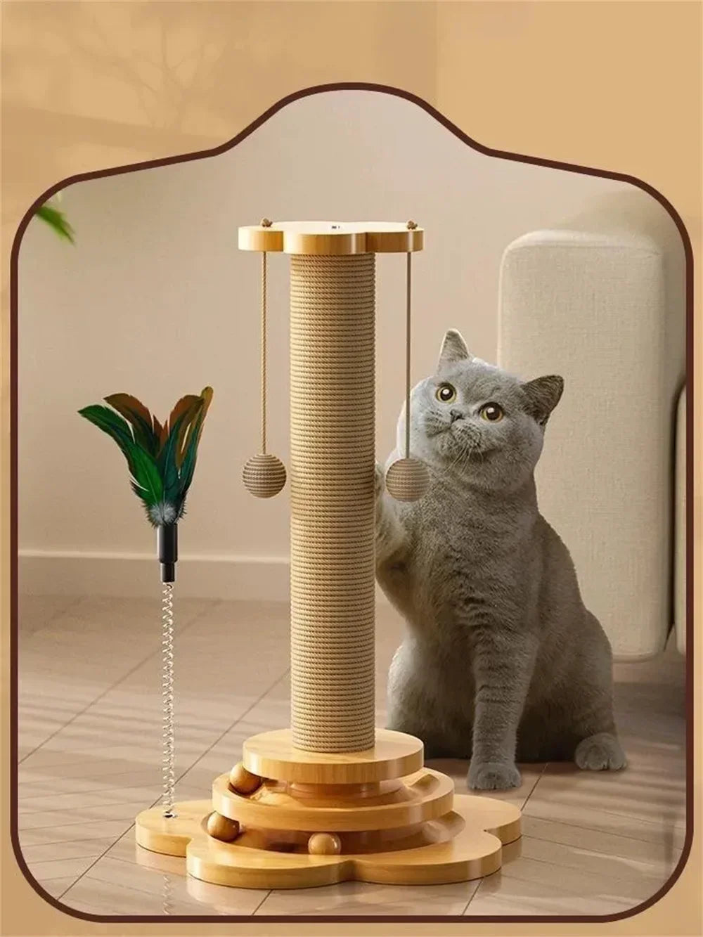 Cat Toy Solid Wood Stand – Durable Sisal Scratching Board with Stick Balls