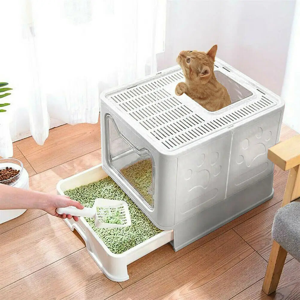 Caja de arena para gatos con entrada frontal y salida superior con tapa: diseño plegable y que ahorra espacio