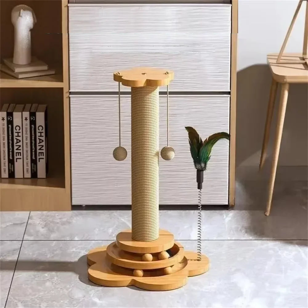 Juguete para gatos con soporte de madera maciza: tablero rascador de sisal duradero con bolas adhesivas