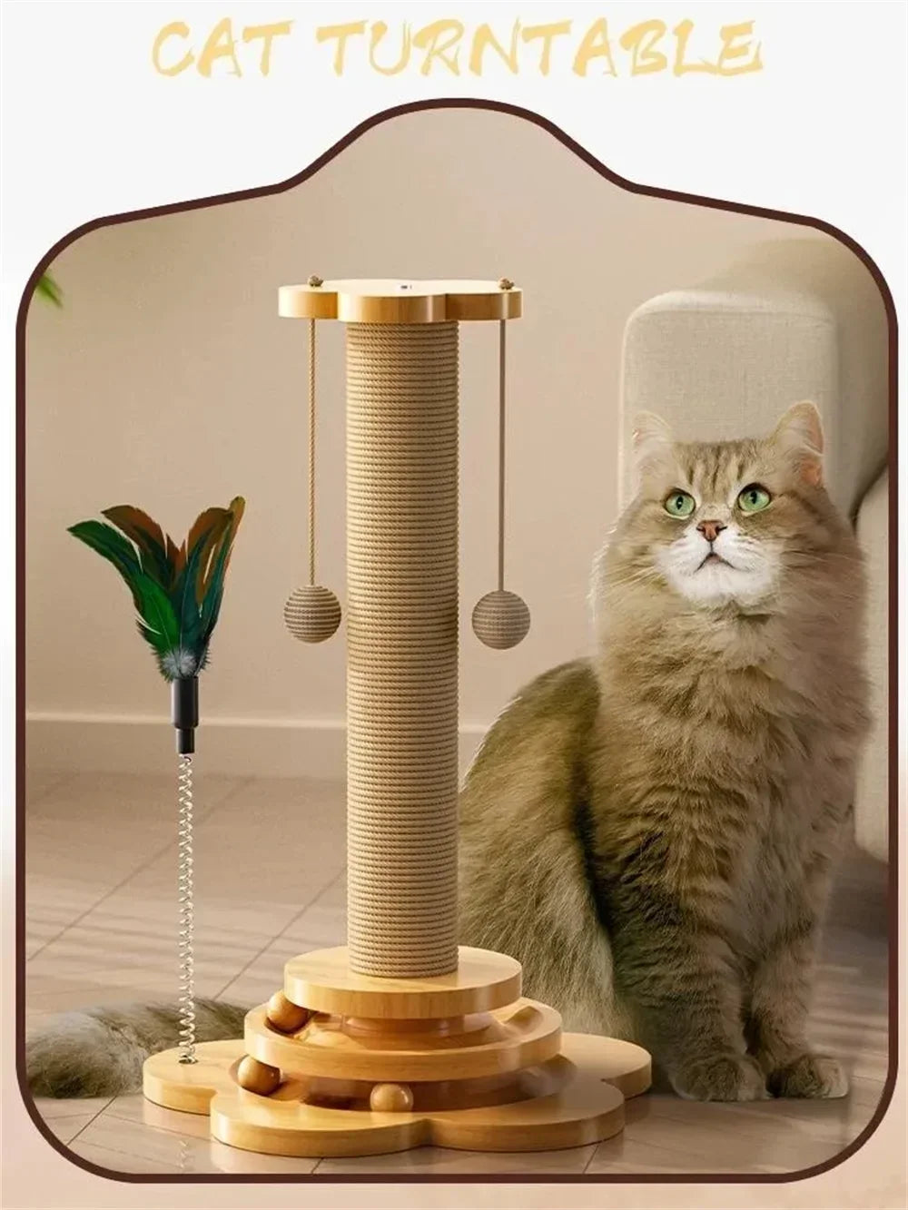 Juguete para gatos con soporte de madera maciza: tablero rascador de sisal duradero con bolas adhesivas