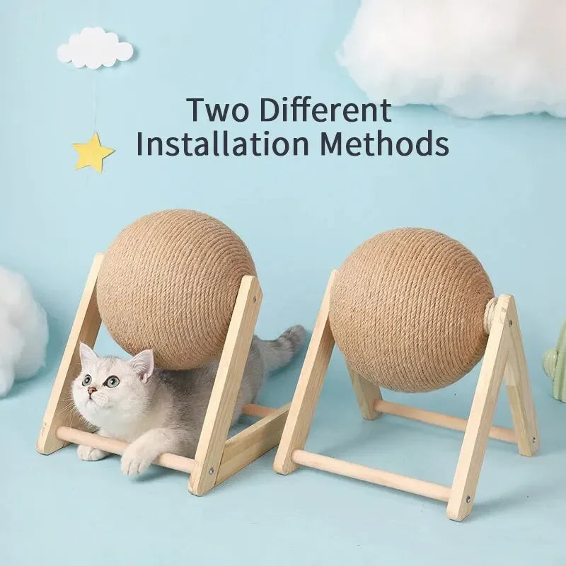 Juguetes con forma de pelota para rascar gatos: triángulo estable de madera y sisal