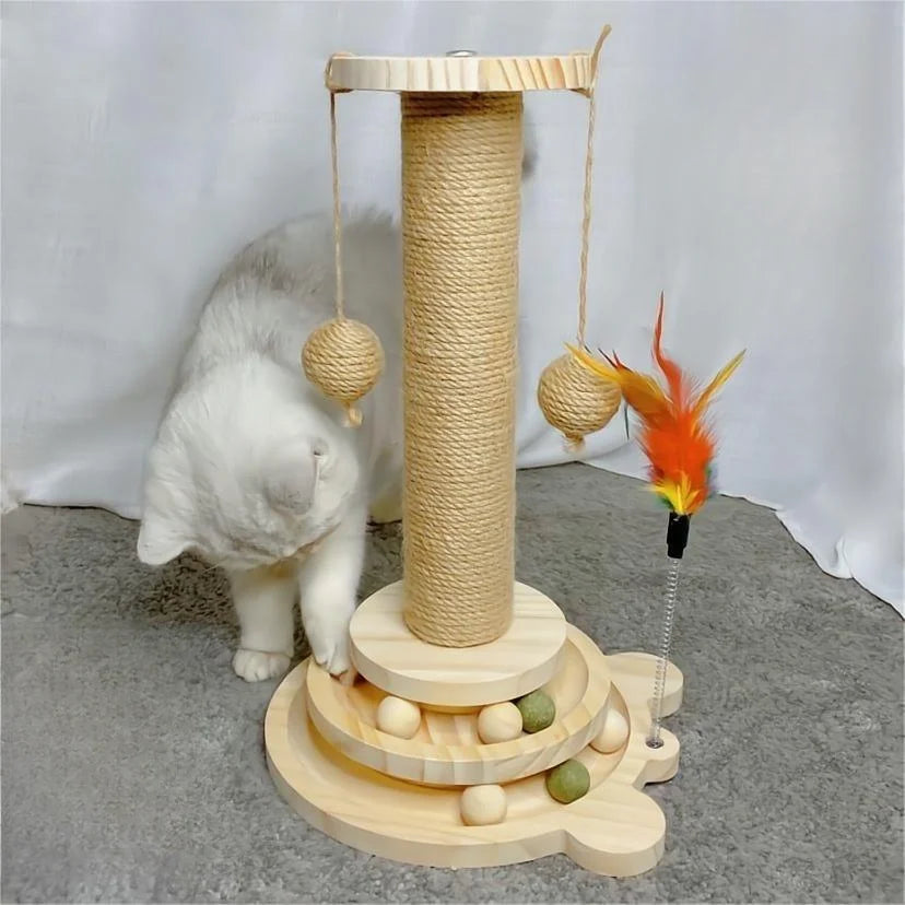 Juguete para gatos con soporte de madera maciza: tablero rascador de sisal duradero con bolas adhesivas