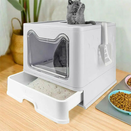 Caja de arena para gatos con entrada frontal y salida superior con tapa: diseño plegable y que ahorra espacio